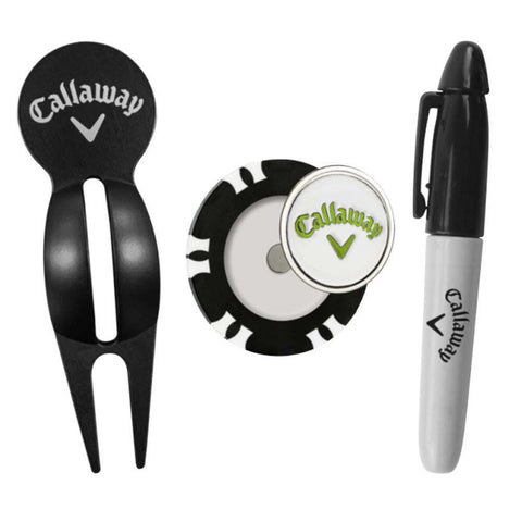 A golf accessory kit includes a ball marking pen a putt-align divot tool and a dual-mark poker chip packaged in a transparent container with Callaway branding displayed prominently.