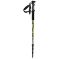 A trekking pole stands upright with a textured grip at the top and a pointed tip at the bottom, designed for outdoor hiking activities and stability on uneven terrain.