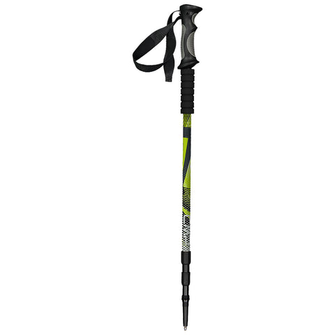 A trekking pole stands upright with a textured grip at the top and a pointed tip at the bottom, designed for outdoor hiking activities and stability on uneven terrain.