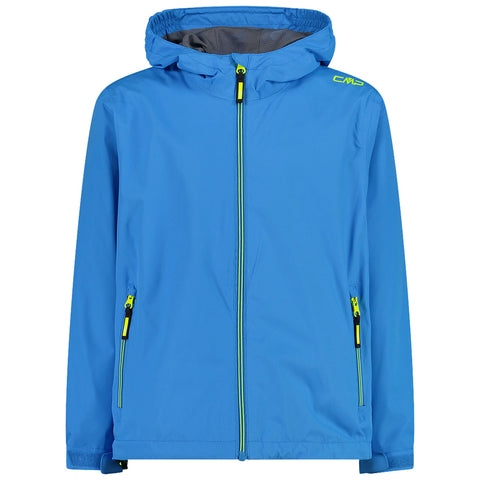 A bright blue jacket with a hood features a front zipper and two zippered pockets highlighting contrasting yellow details designed for outdoor wear in a casual setting.