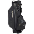 A black golf bag stands upright featuring multiple zippered pockets and a comfortable strap for carrying. The bag is designed for storing golf clubs and accessories, suitable for outdoor golfing.