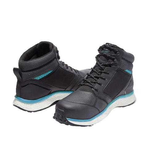 Black and gray high-top shoes feature a mesh upper and a cushioned white sole designed for comfort while standing on a plain background with no distractions.