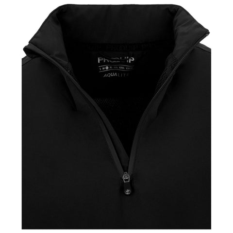 A black zippered jacket hangs with the neck collar slightly raised the zipper is halfway closed revealing a mesh interior the tag shows sizing information and the brand name ProQuip Aqualite