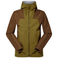 A lightweight outdoor jacket in earthy brown and green shades features a hood and zip closure with an active fit designed for comfort and mobility in outdoor environments.