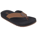 A brown and black flip-flop with a textured sole is positioned upright highlighting its strap and footbed design suitable for casual wear or beach outings.