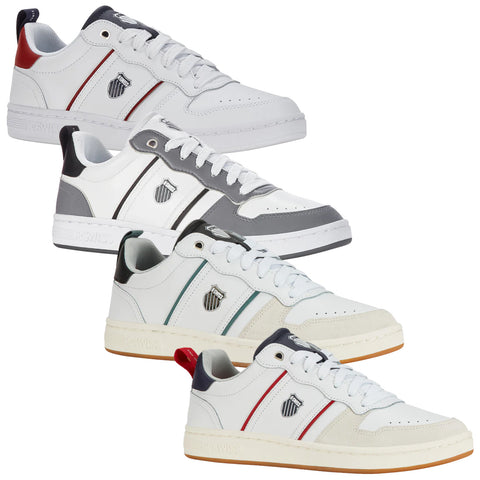 Four pairs of athletic sneakers are stacked vertically facing forward showcasing various color combinations including white with red and gray accents on a plain background.