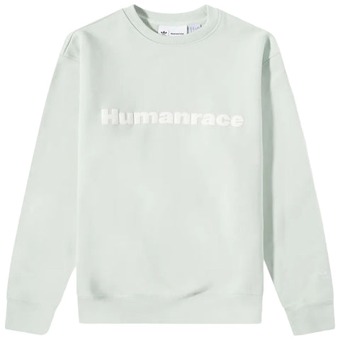 A mint green sweatshirt features the word Humanrace prominently displayed in white across the chest which appears textured against the smooth fabric background