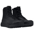 Black tactical boots feature a high design with reinforced toe and heel areas laced tightly for support placed against a plain white background. The soles show a rugged tread pattern for traction.