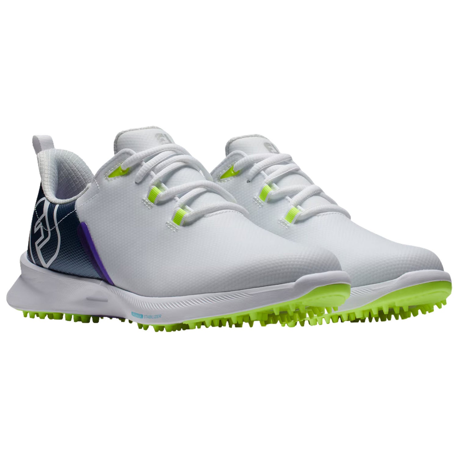 White athletic shoes with green and purple accents sit side by side showcasing a smooth, textured surface and spikes for traction likely intended for sports use on various surfaces.