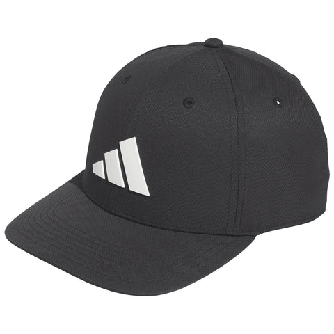 A black cap sits at an angle showing a solid front with a prominent white three-stripe logo design across the side its flat brim extends outward above a textured surface.