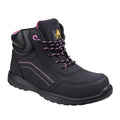 A black work boot features pink accents with laces and a padded collar designed for comfort and support in a rugged environment suitable for various outdoor activities.