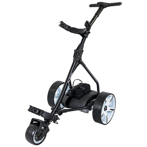 A black golf cart with three wheels is positioned upright in the center. It has a sturdy frame and a small storage compartment. The handle is designed for steering.