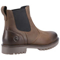 A brown leather Chelsea boot features elastic side panels and a sturdy rubber sole with treads providing grip suitable for casual or rugged environments.