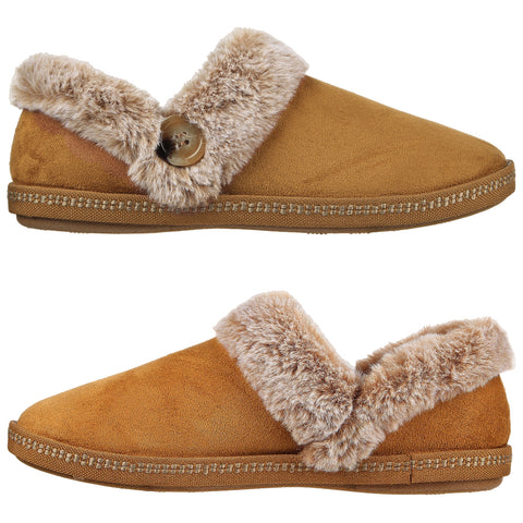 A pair of brown slippers with a soft faux fur collar and a button detail are displayed side by side highlighting their cozy design suitable for indoor use.