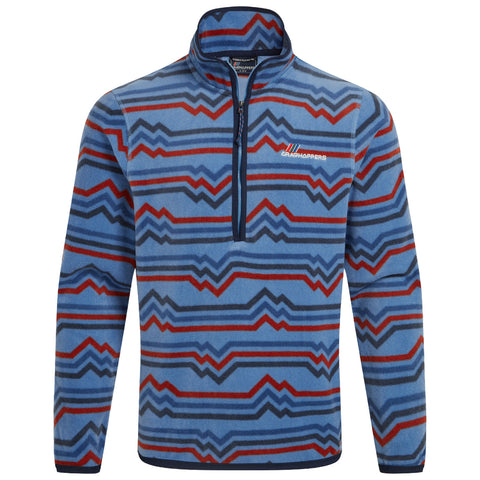 A blue fleece pullover features a zigzag pattern in red and dark blue with a half-zipper design and a collar showcasing the brand name in the corner.