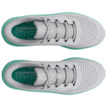 Gray athletic shoes with a mint green sole are displayed from a top-down view showcasing perforated upper material for breathability and a cushioned insole labeled as Comfort Deluxe System.