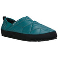 A teal quilted slipper is resting on a plain surface featuring a soft inner lining and a rubber sole designed for comfort and warmth in a home environment.