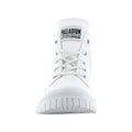 High-top white sneaker facing forward features lace-up design and branded tongue. The shoe showcases a clean, minimalist style suitable for casual wear in various settings.