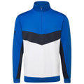 A blue athletic quarter-zip pullover with a white and black chevron design shows a modern sporty style set against a plain white background.