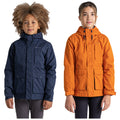 Two children are standing side by side wearing jackets the child on the left has a dark blue jacket while the child on the right is wearing an orange jacket both have hoods