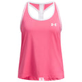 A pink athletic tank top features a racerback design with two narrow straps and a logo on the front. It has a smooth, lightweight fabric suitable for exercise.