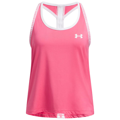 A pink athletic tank top features a racerback design with two narrow straps and a logo on the front. It has a smooth, lightweight fabric suitable for exercise.