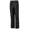 Black waterproof pants with an elastic waistband and side pockets are standing upright on display with a reflective strip on the side designed for outdoor activities in wet conditions.