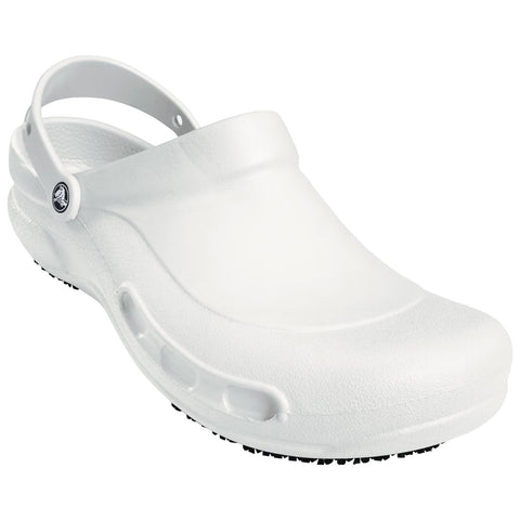 A white clogs shoe sits alone showcasing a smooth surface and a back strap designed for secure wear positioned against a neutral background emphasizing the shoe's form and design.