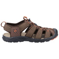 Brown outdoor sandal features an open design with multiple straps and a padded footbed. It is suitable for casual or adventurous activities in warm weather environments.