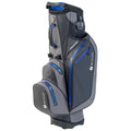 A golf bag stands upright featuring multiple pockets and a sleek, modern design in gray with blue accents. It is ready for carrying golf clubs and accessories on the course.