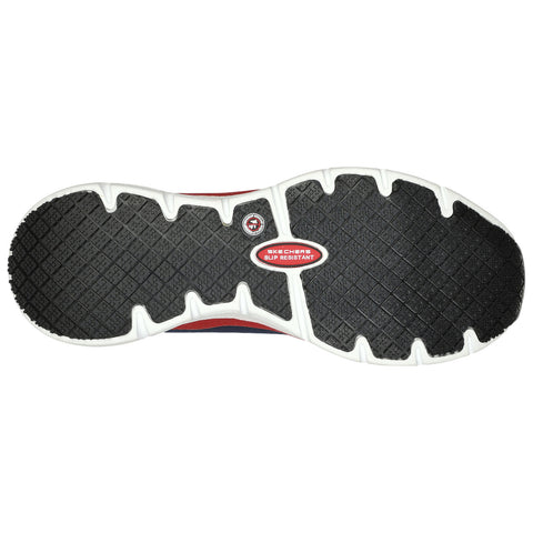 A sneaker sole displays a textured black rubber surface designed for traction with red and white accents featuring the text Skechers Slip Resistant prominently in the center.