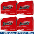 Four red boxes of Srixon golf balls are arranged in a grid displaying the brand name Srixon and the word Distance highlighting a promotional deal for buying three and getting one free