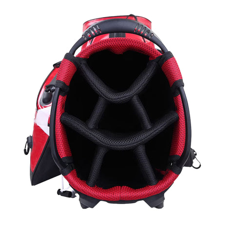 A sporty red bag with a black interior features multiple compartments designed for organizing items within it while being open in a neutral setting without any visible distractions.