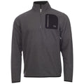 A gray pullover sweatshirt features a zippered collar and a black patch pocket on the chest with the letters CK. It is designed for casual wear or outdoor activities.