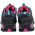 Two athletic shoes are positioned back-to-back showcasing a black and teal design with pink interior accents the shoes appear ready for wear in a casual or sporting context.