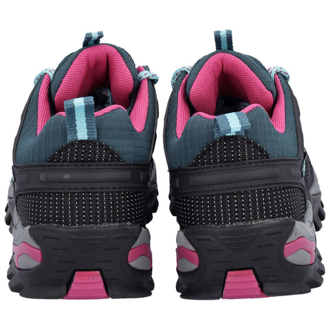 Two athletic shoes are positioned back-to-back showcasing a black and teal design with pink interior accents the shoes appear ready for wear in a casual or sporting context.