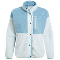 A two-tone fleece jacket features a light blue upper section and a darker blue collar with a button closure and a zippered pocket on the chest, suited for casual wear.