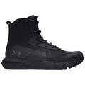 A black athletic shoe with a high top design features a textured upper and robust sole. It has a secure lacing system and is suitable for outdoor activities.