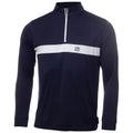 Long-sleeve navy pullover with a quarter zipper features a white horizontal stripe across the chest and a small DKNY logo on the left side of the stripe.