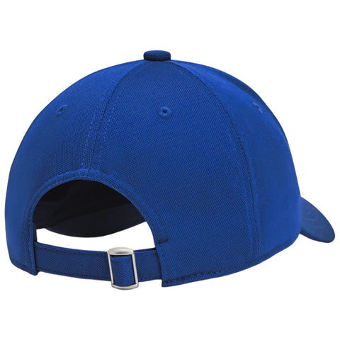 A blue baseball cap sits upright showcasing its structured design and curved brim while the adjustable strap at the back suggests a fit for various head sizes