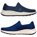 Navy slip-on sneakers are displayed from multiple angles showcasing their breathable fabric upper and cushioned sole ideal for casual wear in various environments. The brand name Skechers is visible on the shoe.