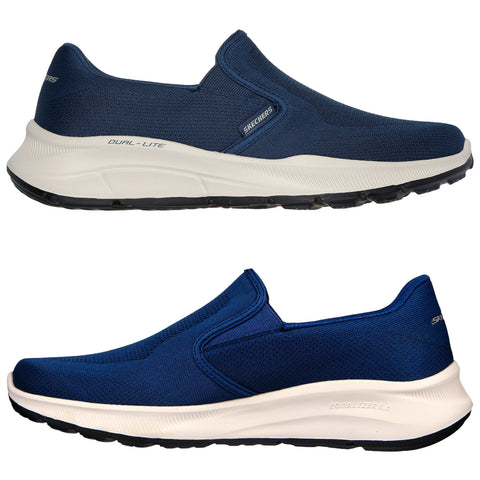 Navy slip-on sneakers are displayed from multiple angles showcasing their breathable fabric upper and cushioned sole ideal for casual wear in various environments. The brand name Skechers is visible on the shoe.