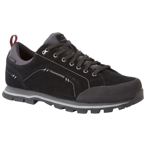 Black outdoor shoes with a suede finish feature a thick rubber sole and gray accents. They are designed for comfort and durability in active environments like hiking or trekking.