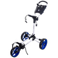 A golf push cart with a three-wheel design is standing upright featuring a white frame and blue wheels while the handle includes a storage area and various attachments for convenience.