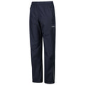 Navy waterproof pants hang upright showcasing an elastic waistband and zippered pockets designed for outdoor activities offering protection from rain in a casual or athletic context.