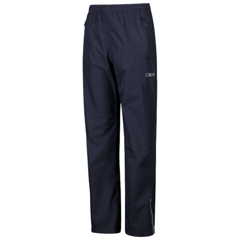 Navy waterproof pants hang upright showcasing an elastic waistband and zippered pockets designed for outdoor activities offering protection from rain in a casual or athletic context.