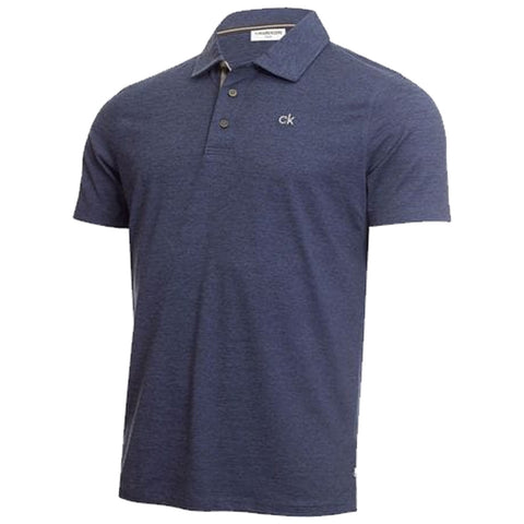 A navy blue polo shirt hangs displayed, featuring a two-button placket and short sleeves, with a small "ck" logo embroidered on the left chest.