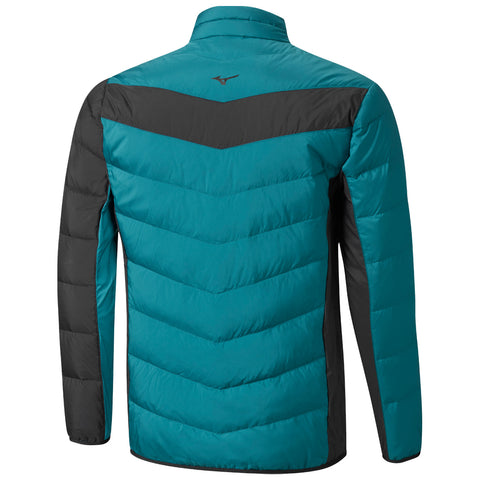 A teal and black insulated jacket is displayed from the back showcasing a chevron pattern on the fabric with a stand-up collar designed for outdoor or cold weather use.