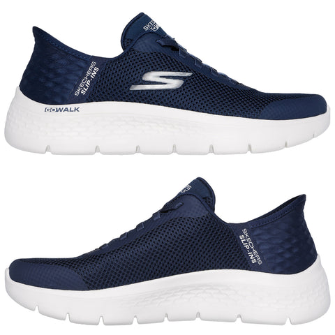 A pair of navy blue Skechers slip-on shoes stands out with a breathable mesh upper and a thick white sole designed for comfort showcasing the brand logo on the side.