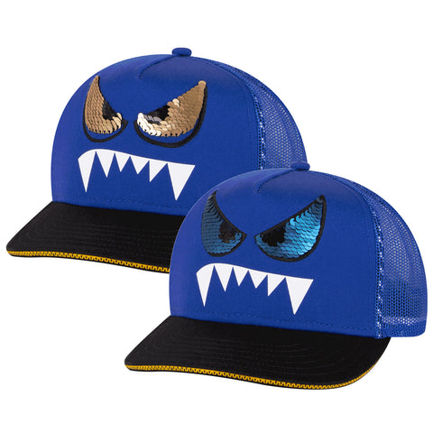 Skechers Junior Monster Eyes Trucker Cap ZKCH3303 Two blue baseball caps with sequined monster faces featuring sharp white teeth and angry eyes are positioned closely together against a plain background creating a playful and whimsical display.